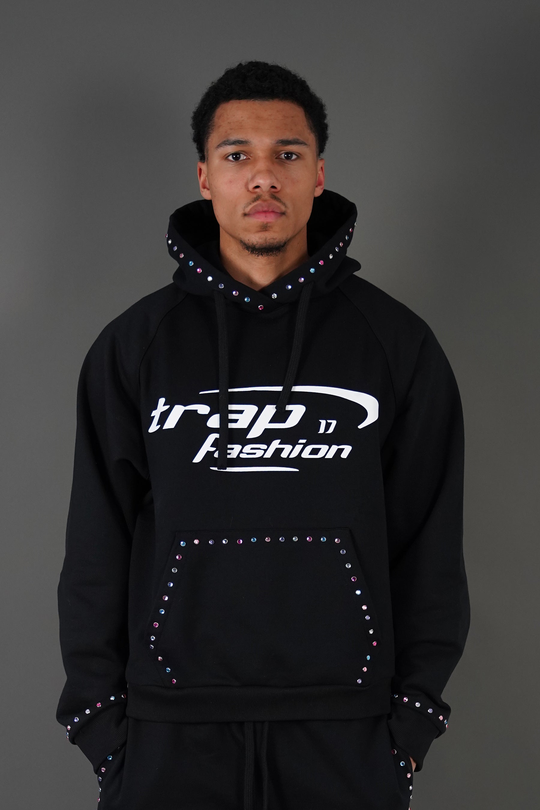 Model wearing oversized trapfashion seventeenthebrand diamond hoodie outside