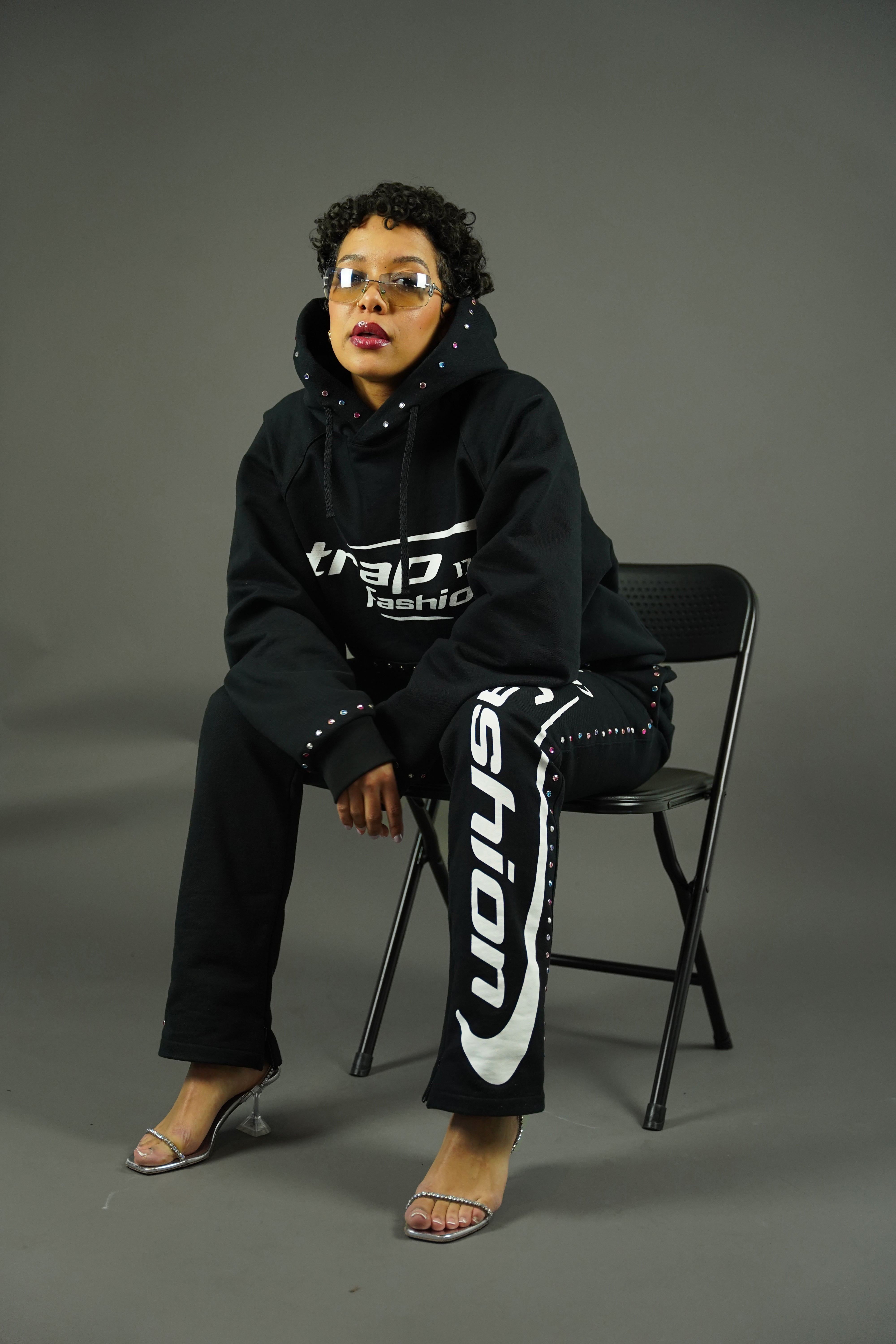 Front view of Trapfashion Diamond Studded tracksuit