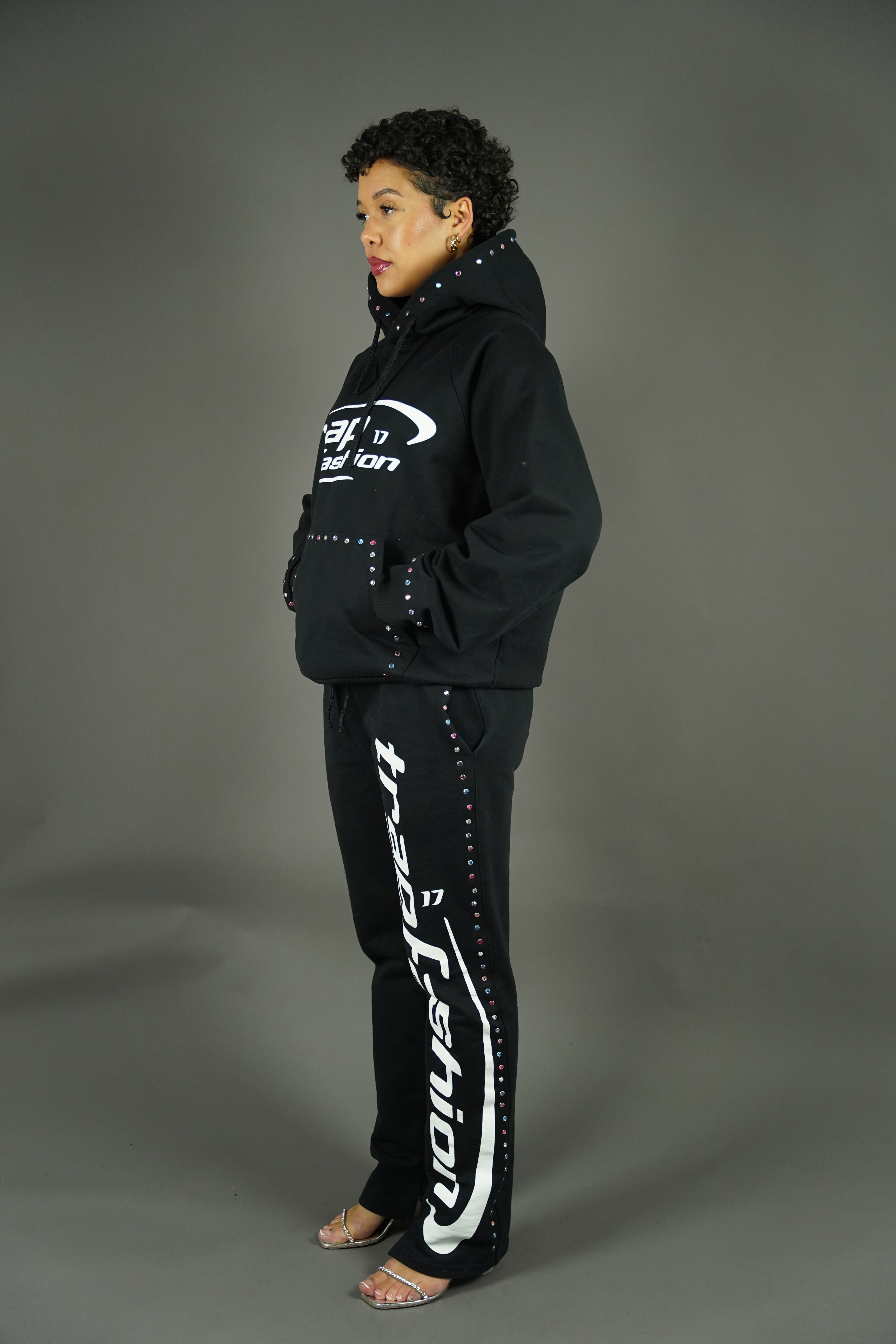 side view of trapfashion Diamond Studded tracksuit