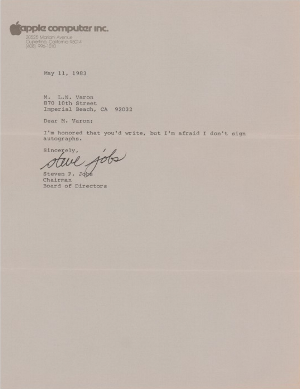 A Signed Typed Letter From Steve Jobs Saying He Does Not Give Out Autographs Auctions for Over $450K USD
