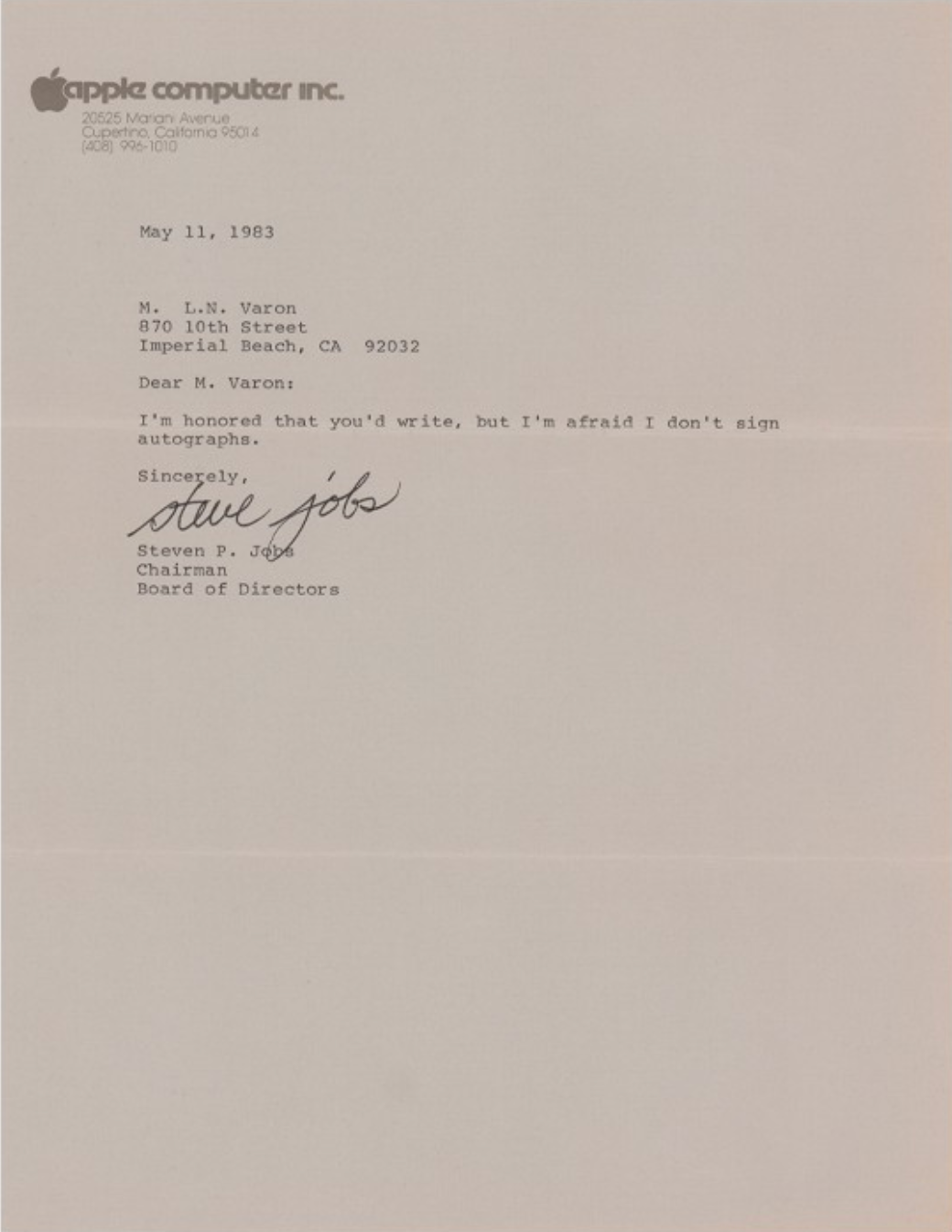 A Signed Typed Letter From Steve Jobs Saying He Does Not Give Out Autographs Auctions for Over $450K USD