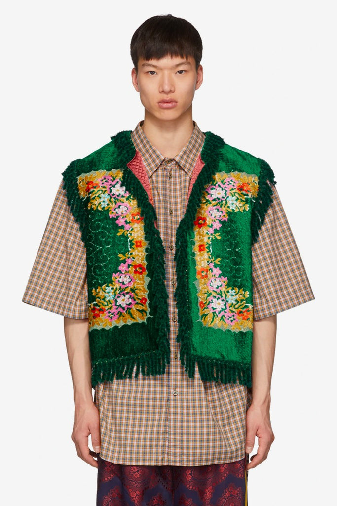 GUCCI'S GREEN FLORAL VELVET JACQUARD VEST IS STRAIGHT OUT OF THE VICTORIAN-ERA