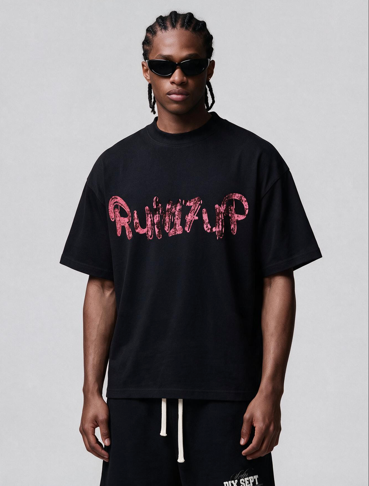 RUN17UP Pink Print Black Tshirt