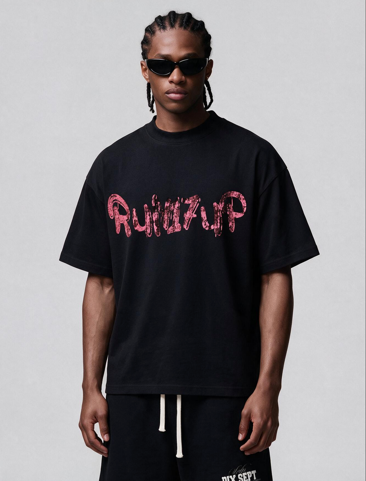 RUN17UP Pink Print Black Tshirt