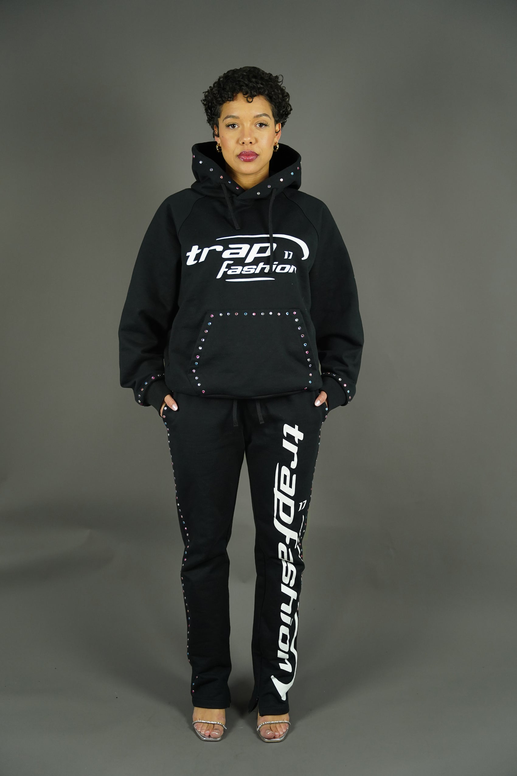 Front view of Trapfashion Diamond Studded tracksuit 