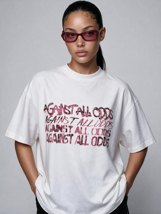 Against All Odds Pink Print White Tshirt