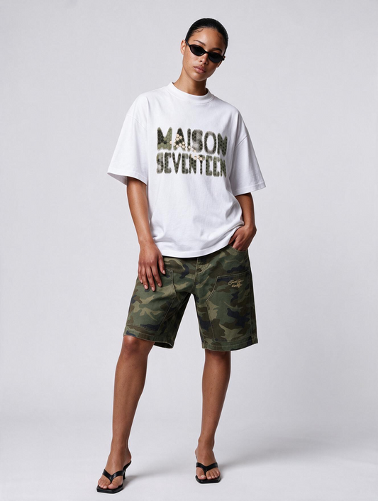 Maison Seventeen Camo Print White Tshirt