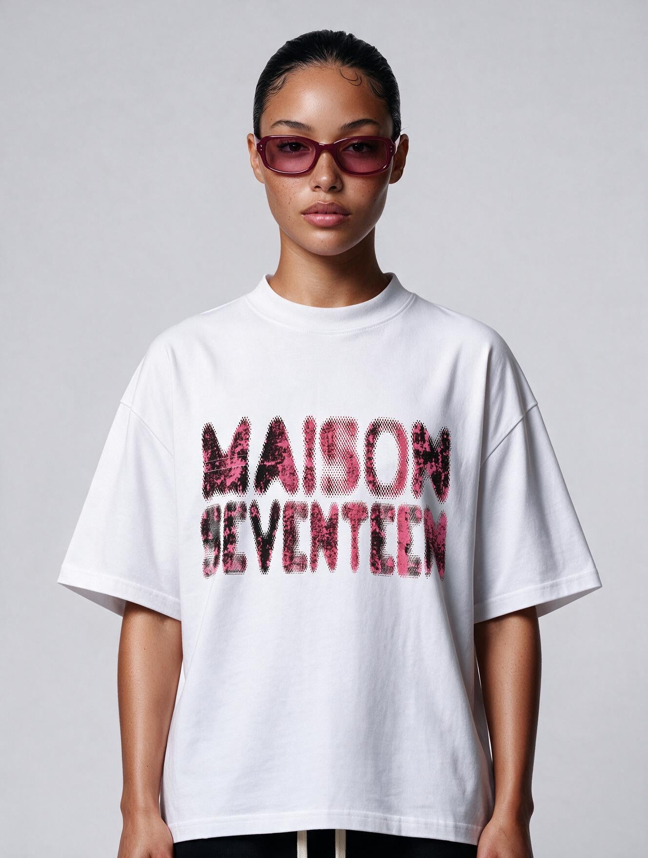Maison Seventeen Pink Print White Tshirt