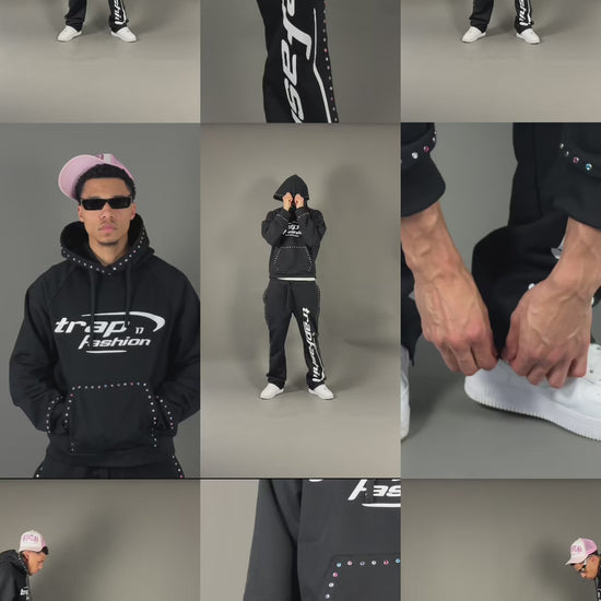 Model wearing oversized trapfashion seventeenthebrand diamond hoodie outside