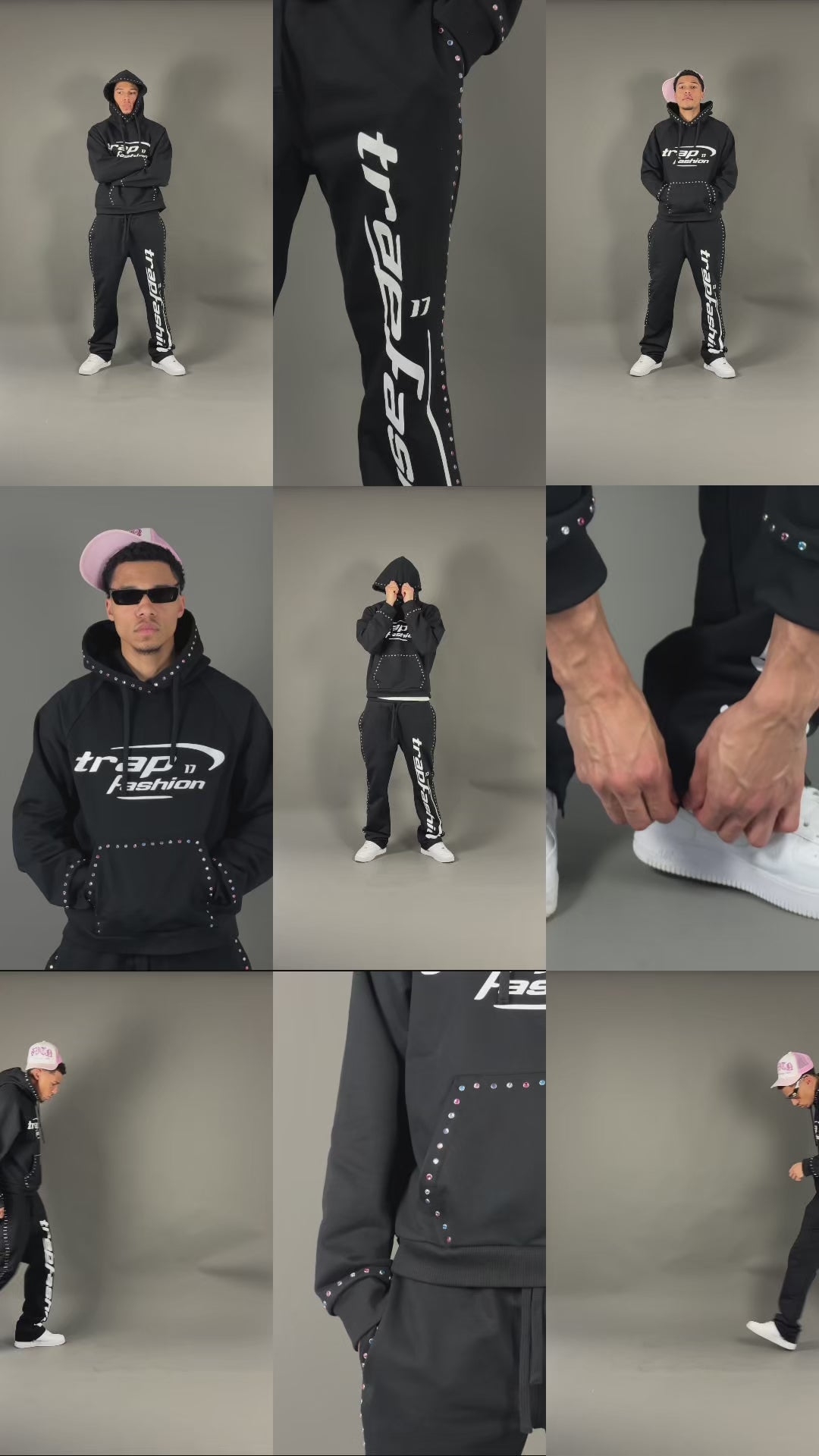 Model wearing oversized trapfashion seventeenthebrand diamond hoodie outside