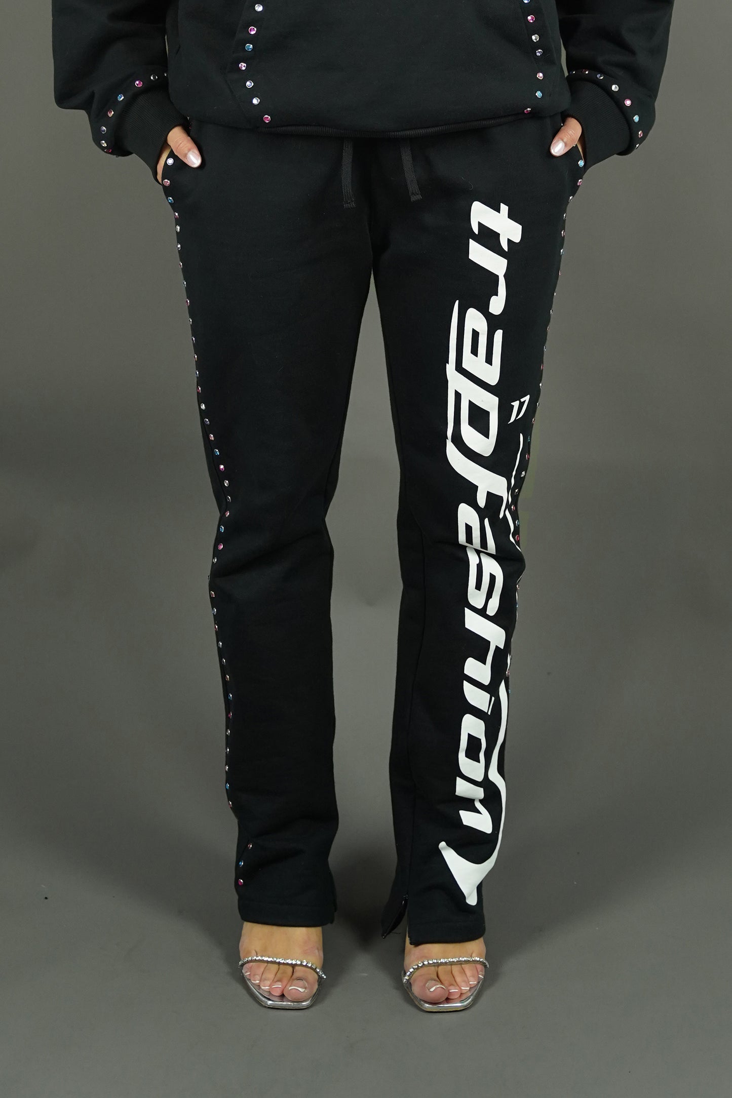 front view of the diamond rhinestone studded pants of trapfashion seventeenthebrand